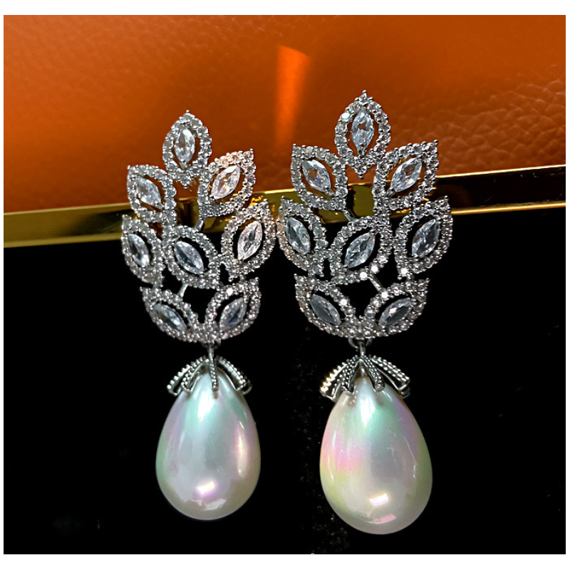 Silver Copper Diamond Leaf Pearl Teardrop Earrings