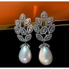 Silver Copper Diamond Leaf Pearl Teardrop Earrings