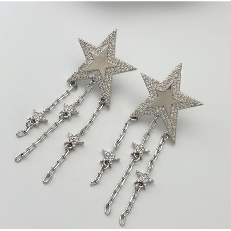 Silver Copper Diamond Star Earrings